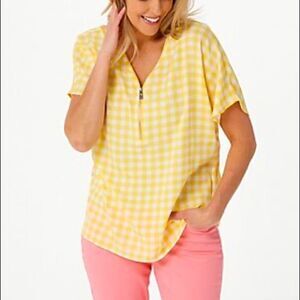 Belle by Kim Gravel Gingham Signature Zip Woven Blouse